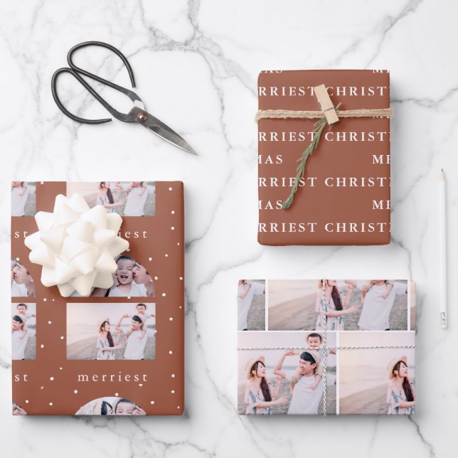 Hoja De Papel De Regalo Snowy Terracotta Merriest Navidad foto (Anverso)