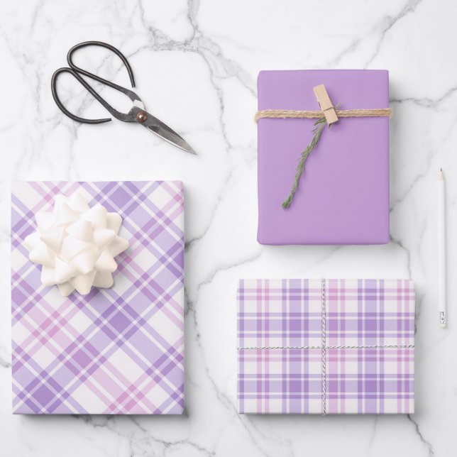 Hoja De Papel De Regalo Soft Pink, Purple & White Plaid (Anverso)