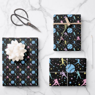 Hoja De Papel De Regalo Softbol Femenino - Jugadoras con Estrellas