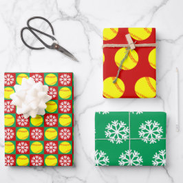 Hoja De Papel De Regalo Softbol y Navidades rojos y verdes copos de nieve