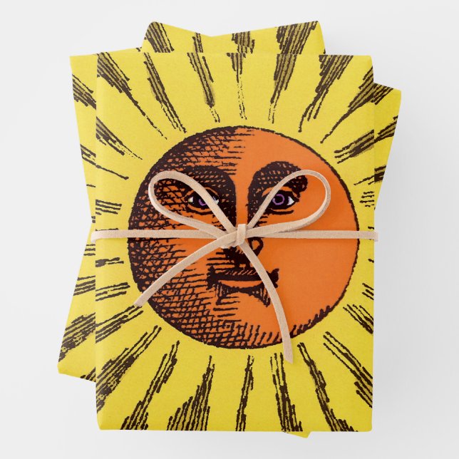 Hoja De Papel De Regalo Sol Hippie Feliz Sonriente Amarillo Celestial Vint (In situ)