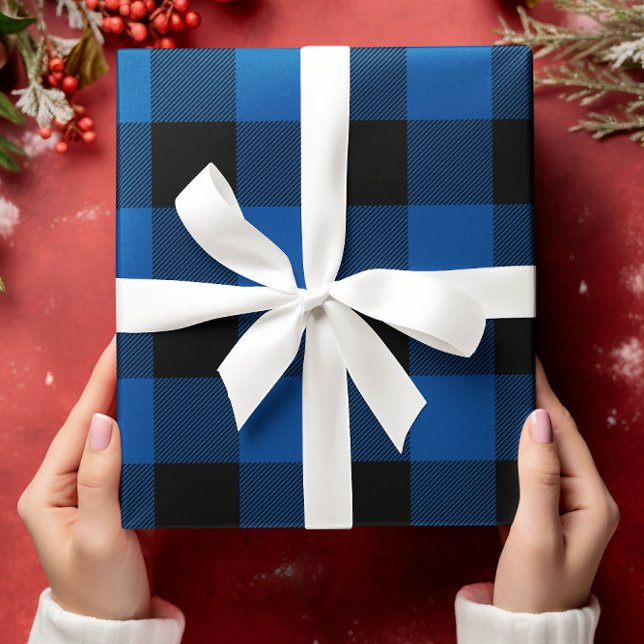 Hoja De Papel De Regalo Solo Navidades con manto de búfalo azul y negro (Blue Buffalo Plaid Gift Wrap)