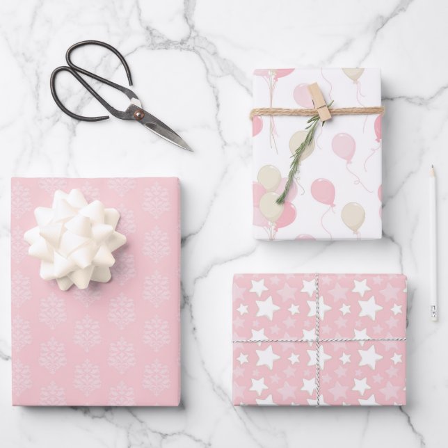 HOJA DE PAPEL DE REGALO SOMBRAS DE BALONES Y ESTRELLAS DE ROSA Y TÁN (Anverso)