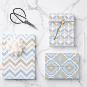 HOJA DE PAPEL DE REGALO SOMBRAS DE PATRONES AZULES Y TÁN