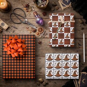 Hoja De Papel De Regalo Sombrero de Bruja de Halloween de Cuadros Naranja