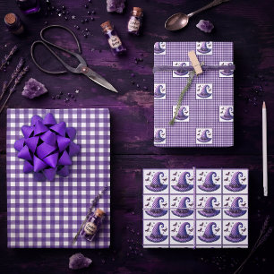 Hoja De Papel De Regalo Sombrero de Bruja de Halloween de Gingham Morado y