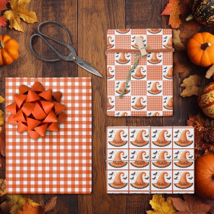 Hoja De Papel De Regalo Sombrero de Bruja de Halloween de Gingham Naranja
