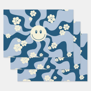 Hoja De Papel De Regalo Sonrisa: azul oscuro, azul claro y crema