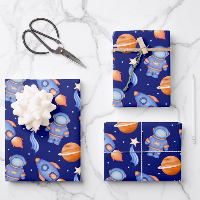 Hoja De Papel De Regalo Spaceship & Planets Boys Birthday Astronaut (Anverso)