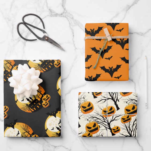 Hoja De Papel De Regalo Spooky Halloween Naranja Black (Anverso)