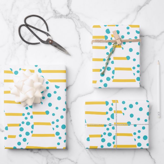 Hoja De Papel De Regalo Spots & Stripes 2 en turquesa, amarillo y blanco (Anverso)