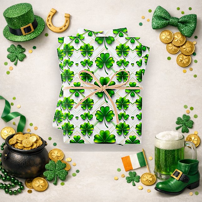 Hoja De Papel De Regalo St. Patrick's Day Green Clover Diamond Pattern (Subido por el creador)