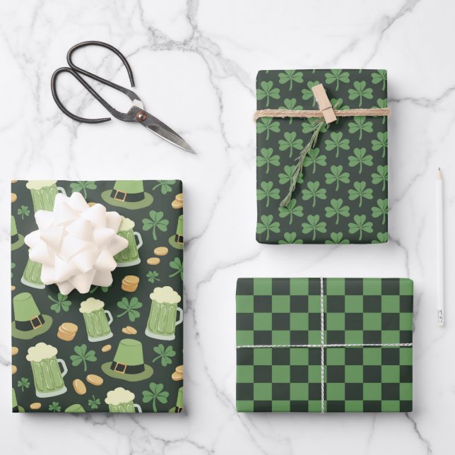 Hoja De Papel De Regalo St Patricks Day Pattern Dark Green Cheers Shamrock (Anverso)