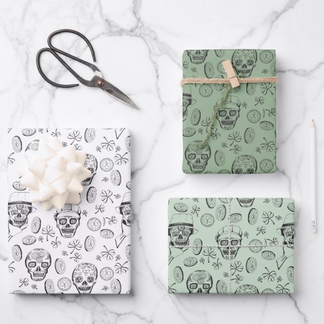 Hoja De Papel De Regalo St Patricks Day Sugar Skull y Shamrock Green (Anverso)