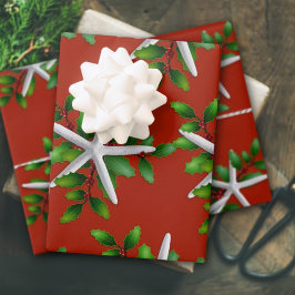 Hoja De Papel De Regalo Starfish blanco y Navidades holly Red