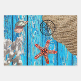 Hoja De Papel De Regalo Starfish Rústico Nautical Blue Wood