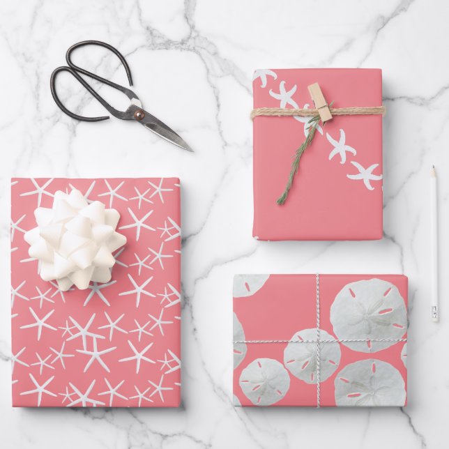 Hoja De Papel De Regalo Starfish Sand Dollars Pink Girly Seasheles (Anverso)
