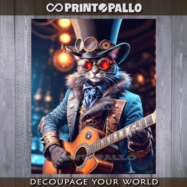 Hoja De Papel De Regalo Steampunk cat: top hat, goggle, guitar - Decoupage (Subido por el creador)