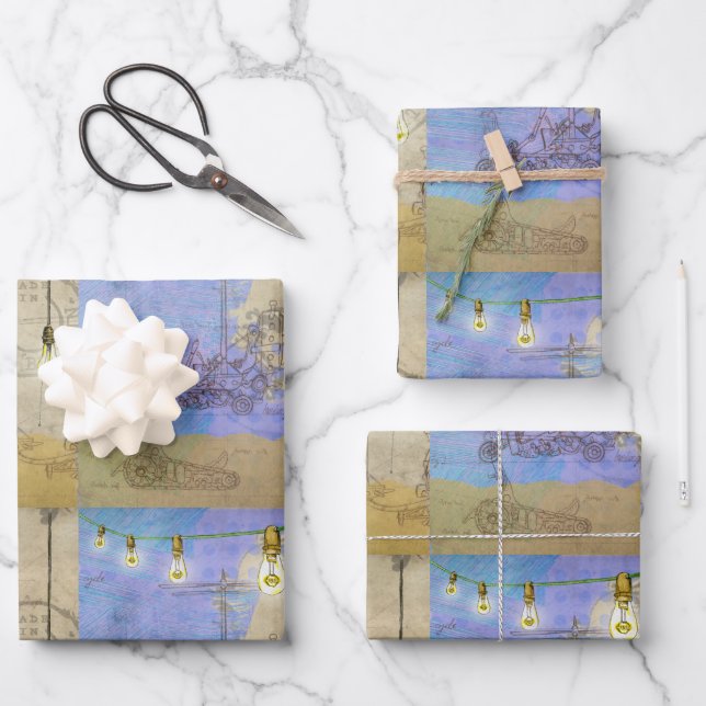 Hoja De Papel De Regalo Steampunk Mechank Edison Light Bulb Architect (Anverso)