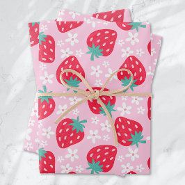 Hoja De Papel De Regalo Strawberries Daisies Pattern Red Rosa