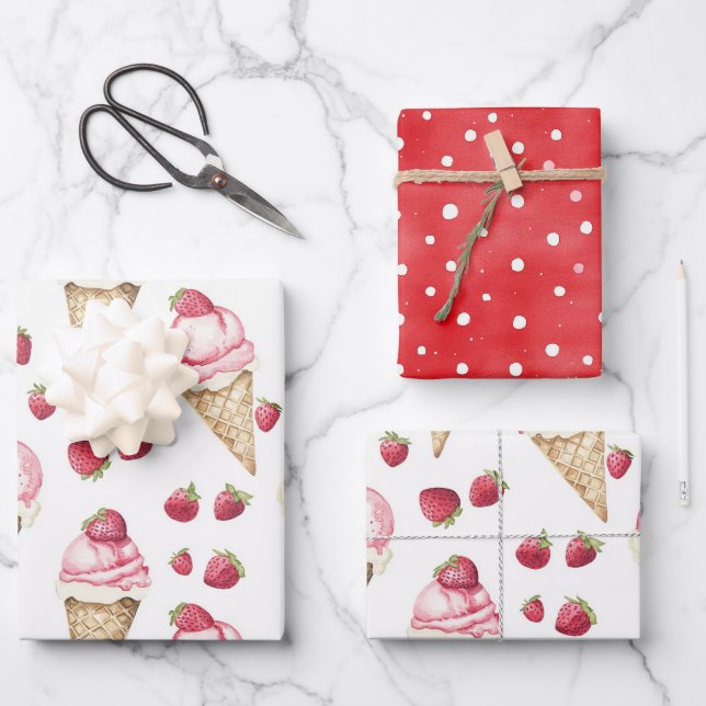 Hoja De Papel De Regalo Strawberries Ice Cream Cones Red Dots Birthday (Anverso)