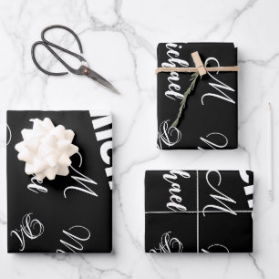 Hoja De Papel De Regalo Su nombre y patrón personalizado monograma negro