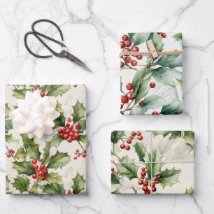 Hoja De Papel De Regalo Suave acuarela Holly & Berries Elegance Design