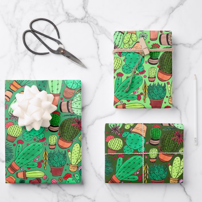 Hoja De Papel De Regalo Suculento Cactus Potted Plants Green Cacti Garden (Anverso)