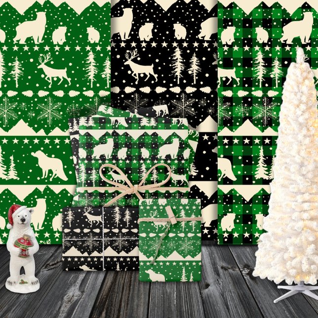 Hoja De Papel De Regalo Sudadera nórdica Beige Verde Pavimentado Animales  (Nordic Sweater Beige Green Plaid Winter Animals Wrapping Paper Sheets)