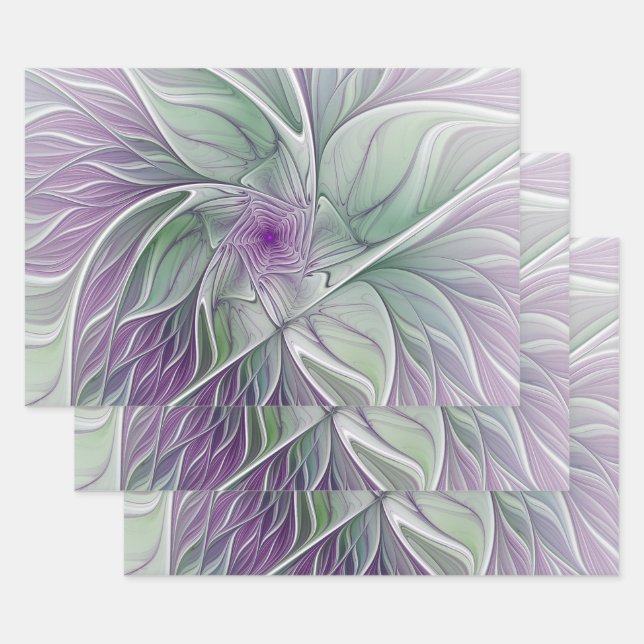 Hoja De Papel De Regalo Sueño de flores, abstracto arte fractal verde púrp (Set)
