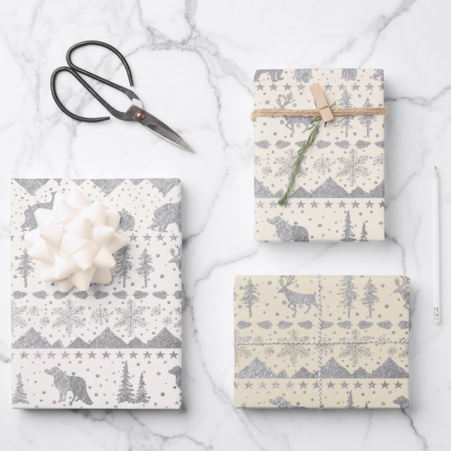 Hoja De Papel De Regalo Suéter nórdico Neutral Beige Plata Animales de Inv (Anverso)