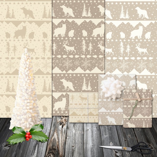 Hoja De Papel De Regalo Suéter nórdico Neutral Kraft Beige Animales de inv (Winter Spruce Pine Branch Cones Red Ilex Berries Gift Wrapping Paper Christmas Holiday Sheets Trio)