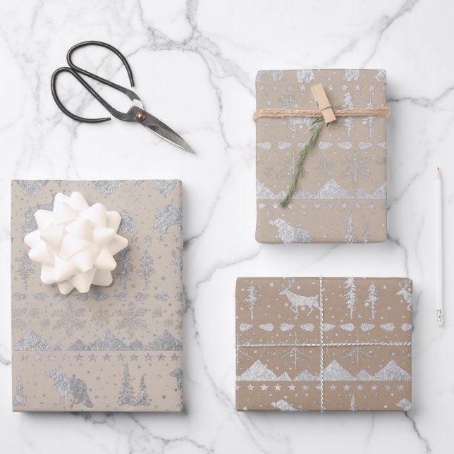 Hoja De Papel De Regalo Suéter nórdico Rústico Kraft Silver Animales de in (Anverso)