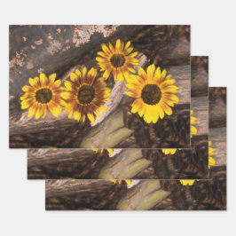 Hoja De Papel De Regalo Sunflowers On Logs Rústico Amarillo Marrón