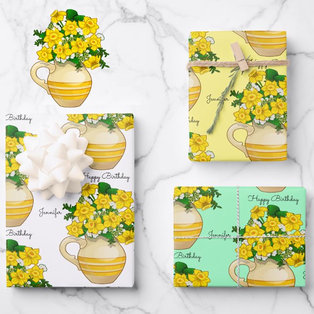 Hoja De Papel De Regalo Sunny Daffodils Happy Birthday Add Name 3 (Subido por el creador)