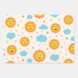 Hoja De Papel De Regalo Sunshine sonriente con nubes y estrellas patter