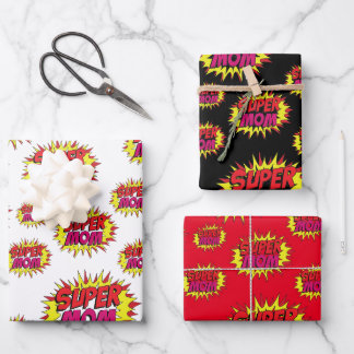Hoja De Papel De Regalo Super Mamá en Rojo, Blanco y Negro
