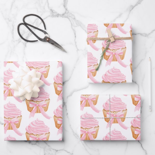 Hoja De Papel De Regalo Sweet Pink Cupcake Gift Wrap Cute & Festive (Anverso)