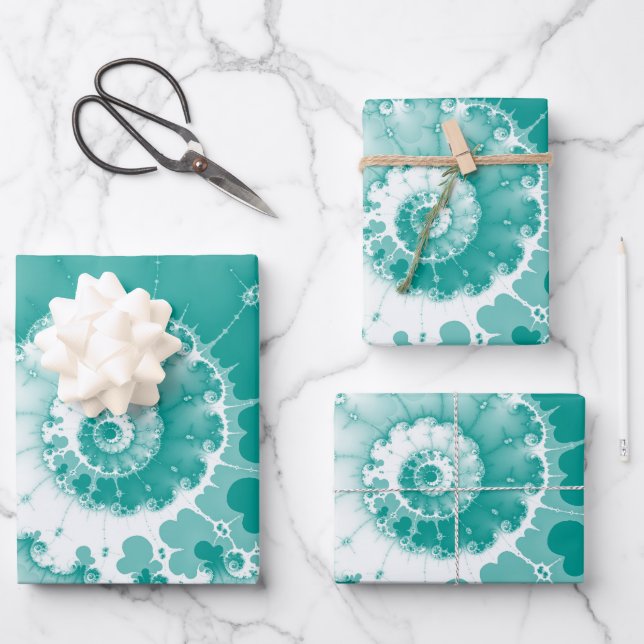 Hoja De Papel De Regalo Swirl Fractal verde azulado de Rubor (Anverso)