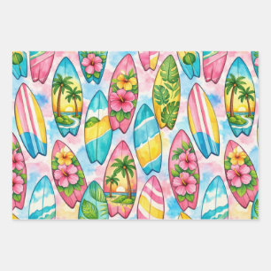 Hoja De Papel De Regalo Tablas de surf de acuarela con hibiscos y palmeras