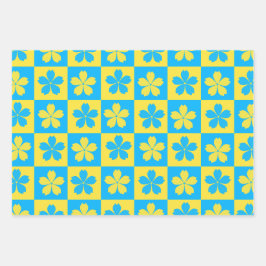 Hoja De Papel De Regalo Tablero floral a cuadros amarillo y azul