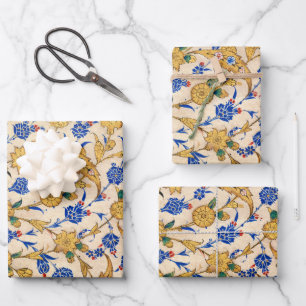 Hoja De Papel De Regalo Tapiz de vintage floral dorado y azul