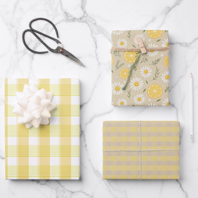 Hoja De Papel De Regalo Tartan daisy lemon yellow beige set wrapping paper (Anverso)