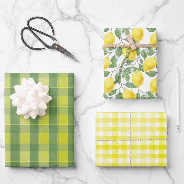 Hoja De Papel De Regalo Tartan daisy lemon yellow green set wrapping paper (Anverso)