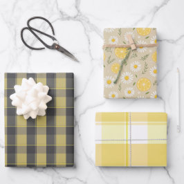 Hoja De Papel De Regalo Tartan daisy lemon yellow grey set wrapping paper