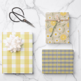 Hoja De Papel De Regalo Tartan daisy lemon yellow grey set wrapping paper