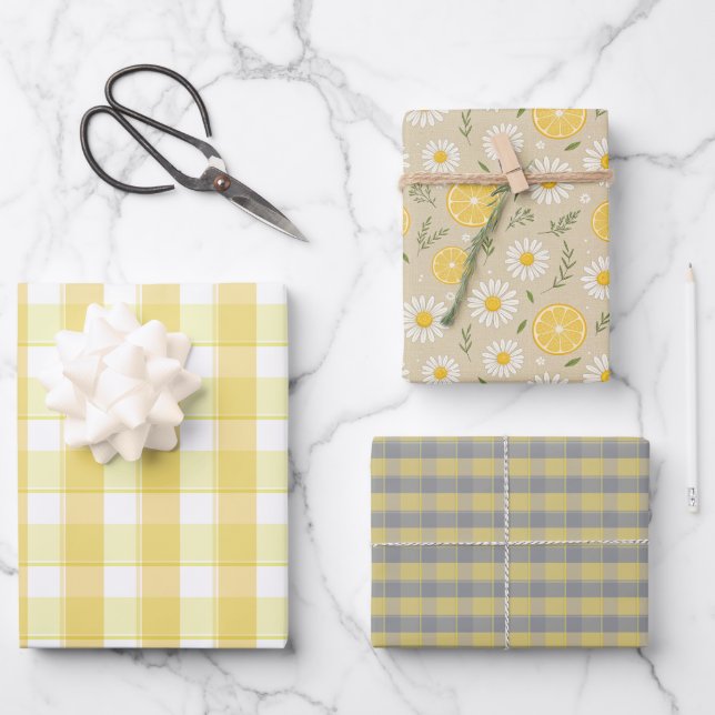 Hoja De Papel De Regalo Tartan daisy lemon yellow grey set wrapping paper (Anverso)