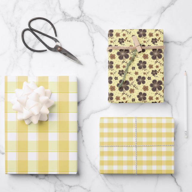 Hoja De Papel De Regalo Tartan flower yellow brown set wrapping paper (Anverso)