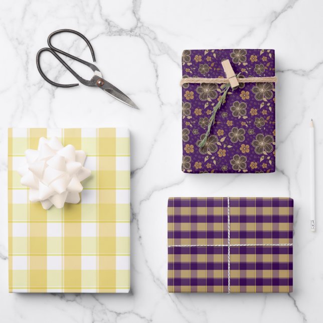 Hoja De Papel De Regalo Tartan flower yellow purple set wrapping paper (Anverso)