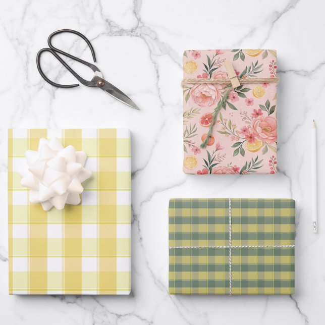 Hoja De Papel De Regalo Tartan lemon yellow peach green set wrapping paper (Anverso)